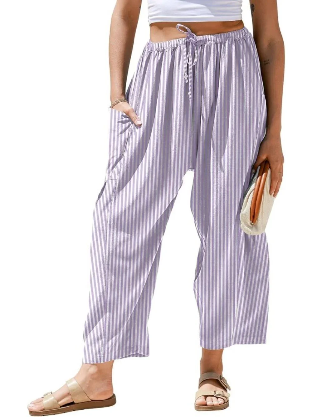 Women's Purple Linen Wide Leg Striped Palazzo Harem Walking Holiday Pants